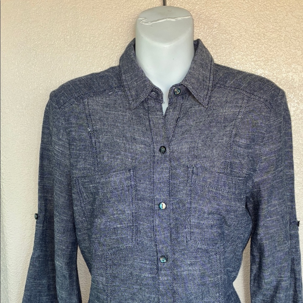 Max Studio Dress Women's XS, Button-down, flare skirt, linen-look chambray. EUC - Picture 5 of 16